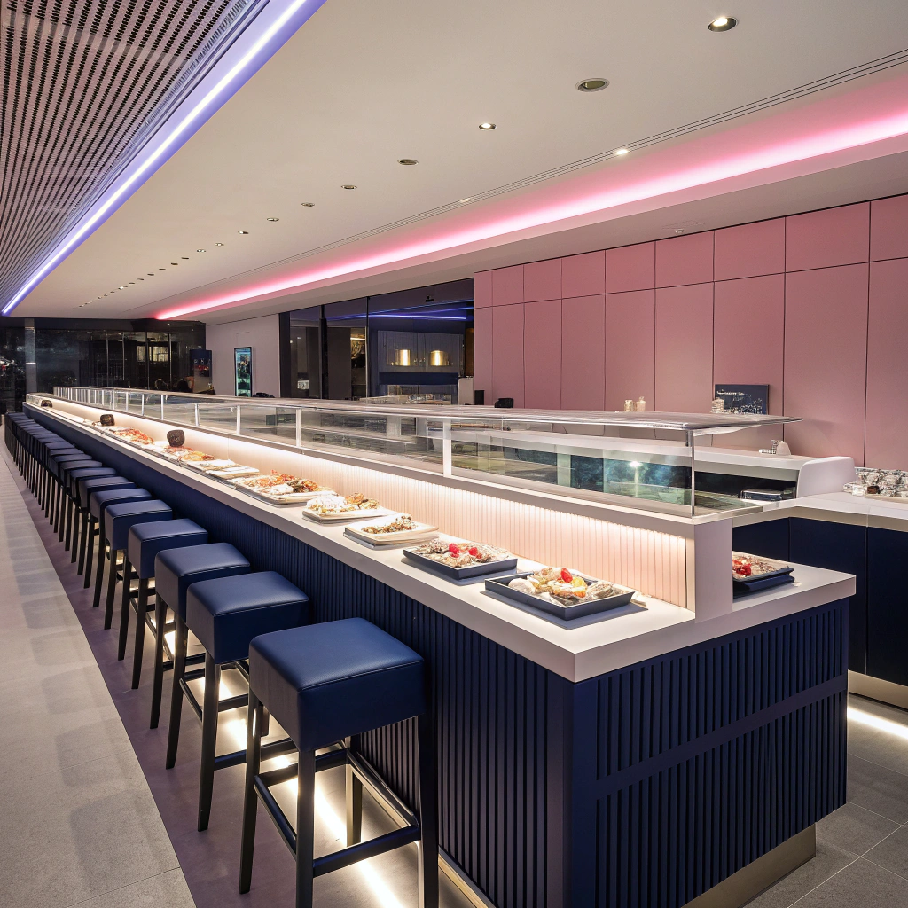 Sleek modern interior of Evnsushi with neon accents
