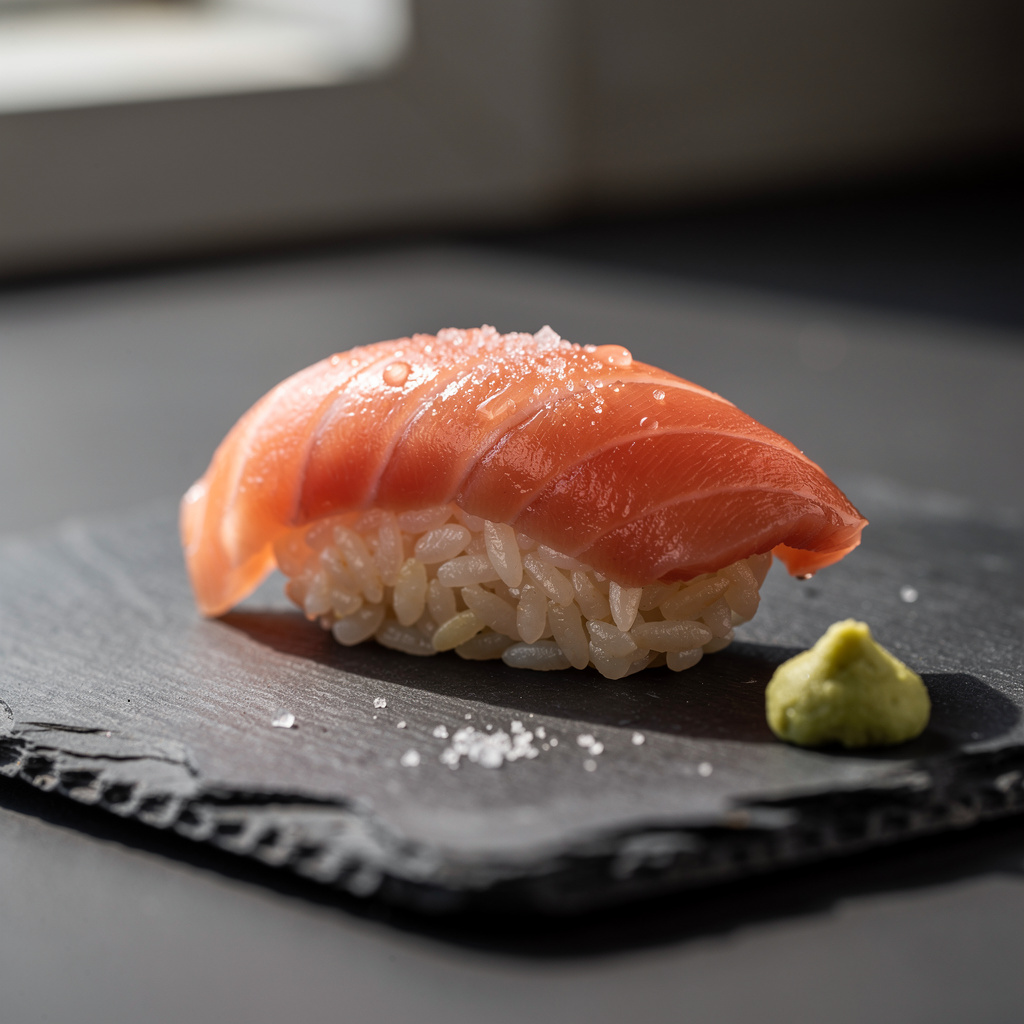Macro shot of fresh salmon nigiri