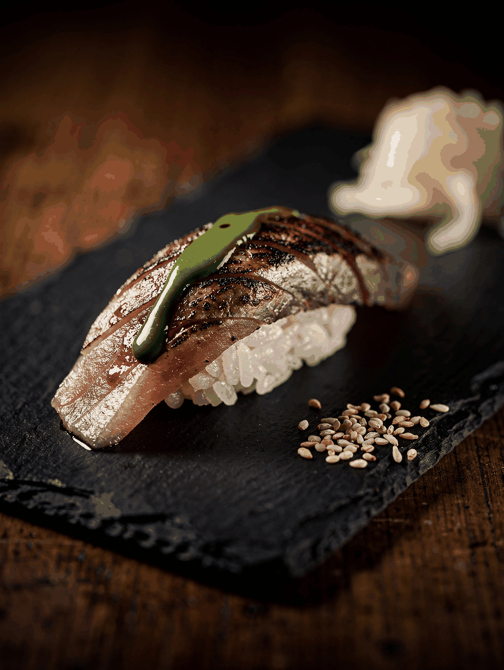 Close up of black truffle nigiri